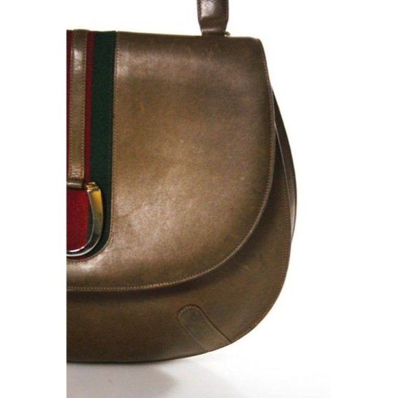 Gucci Vintage Tanmedium Brown Leather Shoulder Bag With Red Green Center - Picture 5 of 12